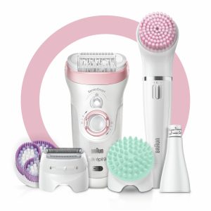 Epilator, Silk·épil 9, Beauty Set, Soft Pink with 11 extras including body exfoliation and massage pad attachments, and FaceSpa device