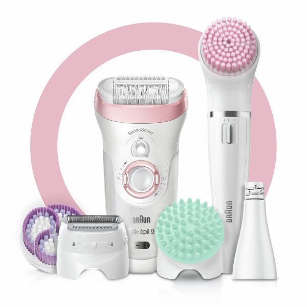 Epilator, Silk·épil 9, Beauty Set, Soft Pink with 11 extras including body exfoliation and massage pad attachments, and FaceSpa device